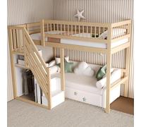 Arhatreya Letto a soppalco 90 x 200 cm, culla con armadietto, letto in legno con rete a doghe, letto per ragazzi con scale, letto singolo per bambini, camera da letto (senza materasso), colore legno