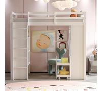 Arhatreya Letto a soppalco 90 x 200 cm, culla con mensole e grucce, letto singolo con ripiani, letto per ragazzi con carrello, letto con spazio per bambini e ragazzi (senza materasso) bianco