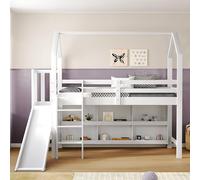 Arhatreya Letto a soppalco 90 x 200 cm, culla con scivolo, letto singolo con scale, letto singolo con armadietto, letto in legno con mensola, letto per bambini e ragazzi (senza materasso) pino bianco