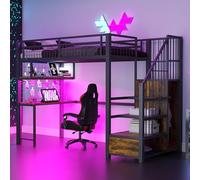 Arhatreya Letto a soppalco 90 x 200 cm, lettino con barra luminosa e presa di ricarica, letto singolo con scala di stoccaggio, letto per ragazzi con scrivania, letto per appartamento (senza materasso