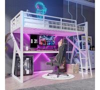 Arhatreya Letto a soppalco 90 x 200 cm, lettino con listello a LED, struttura del letto con rete a doghe, letto in ferro con ringhiera, letto in metallo con scrivania, letto per camera da letto dei