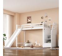 Arhatreya Letto a soppalco 90 x 200 cm, lettino con scivolo, letto in legno con scaletta, letto singolo certificato EN747, letto per bambini e ragazzi (senza materasso) bianco
