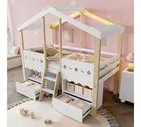 Arhatreya Letto a soppalco 90 x 200 cm, lettino con striscia luminosa a LED e scala, letto con cassetti, letto a mezza altezza con rete a doghe, letto per bambini e ragazzi (senza materasso) bianco+