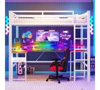 Arhatreya Letto a soppalco 90 x 200 cm, letto singolo con striscia luminosa a LED, letto in metallo con attacco USB/tipo C, struttura per ragazzi con rete a doghe (senza materasso) bianco