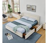 Arhatreya Letto imbottito 140 x 200 cm, con 4 cassetti, letto per ragazzi con testiera, letto matrimoniale, letto per gli ospiti per camera da letto (senza materasso) in ciniglia beige