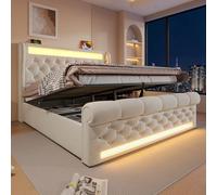 Arhatreya Letto imbottito 140 x 200 cm, letto idraulico con luci a LED, letto per ragazzi con porte USB/di tipo C, letto matrimoniale con vano portaoggetti, letto per adulti per camera da letto (senza