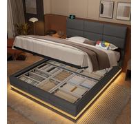 Arhatreya Letto imbottito 140 x 200 cm, letto idraulico con strisce luminose a LED, letto per ragazzi con porte USB/Type-C, letto matrimoniale con spazio di archiviazione, letto per gli ospiti per