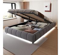 Arhatreya Letto imbottito 140 x 200 cm, letto idraulico con strisce luminose a LED, letto per ragazzi con spazio di archiviazione, letto singolo senza testiera, letto per ospiti per camera da letto