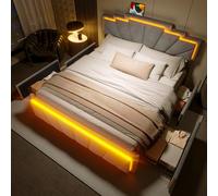 Arhatreya Letto imbottito 140 x 200 cm, letto matrimoniale con 4 cassetti, letto per ragazzi con striscia luminosa a LED, altezza 2 posizioni, connettore USB TypeC, letto per gli ospiti per camera da