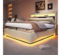 Arhatreya Letto imbottito 140 x 200 cm, letto per gli ospiti con illuminazione a LED, porte USB e tipo C, vano portaoggetti (senza materasso), lino beige