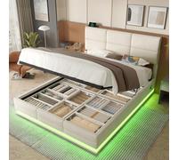 Arhatreya Letto imbottito 160 x 200 cm, letto idraulico con strisce luminose a LED, letto per ragazzi con porte USB/Type-C, letto matrimoniale con spazio di archiviazione, letto per gli ospiti per
