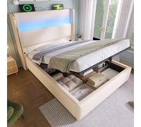 Arhatreya Letto imbottito 90 x 200 cm, idraulico con illuminazione a LED, letto singolo con connettori USB/Type-C, struttura del letto con rete a doghe, letto per camera da letto (senza materasso