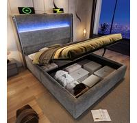 Arhatreya Letto imbottito 90 x 200 cm, idraulico con illuminazione a LED, letto singolo con connettori USB/Type-C, struttura del letto con rete a doghe, letto per camera da letto (senza materasso