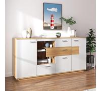 Arhatreya Mobile moderno con ampio spazio di archiviazione, con illuminazione a LED, 160 x 40 x 77 cm, 2 ante, 4 cassetti, ripiano in vetro, effetto legno, bianco, mobili da soggiorno, organizer