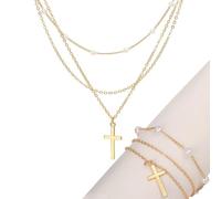 ARHZ 1 Pezzi Collana Croce Donna, Collana Oro, Collana Con Croce Con Perlina,Impilato Croce Collana Per Le Donne Semplice Piccola Croce Pendente Collane Gioielli Regali Per Le Donne Ragazza (Oro)