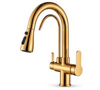 Ari Miscelatore 3 Vie Cucina con Doccetta Estraibile Nordic, Oro Lucido | Rubinetto a Tre Vie per Depuratore Filtro Acqua e Osmosi, 2 Getti Selezionabili, Bocca Alta Girevole 360°, Dorato