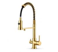 Ari Miscelatore Lavello Cucina 3 Vie a Molla Solid, Oro Spazzolato | Rubinetto Tre Vie con Doccetta 2 Getti per Depuratore Filtro Acqua e Osmosi Inversa, Bocca 360°, Oro Satinato
