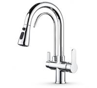 Ari Miscelatore Lavello Cucina 3 Vie Nordic Doccetta 2 Getti, Cromato | Rubinetto Cucina a Tre Vie per Filtro Depuratore e Osmosi Inversa, Bocca Girevole 360°, Ottone Lucido Cromo