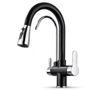 Ari Rubinetto Tre Vie Cucina con Doccetta Doppio Getto, Nero e Cromo | Miscelatore Lavello a 3 Vie per Depuratore Filtro Acqua e Osmosi, Bocca Orientabile 360°, Bicolore Moderno