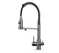 Ari Rubinetto Tre Vie Cucina per Depuratore a Molla Solid, Grafite | Miscelatore Lavello a 3 Vie con Doccetta 2 Getti Osmosi Inversa, Tubi Acqua Potabile, Girevole 360°, Grigio