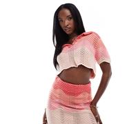 Aria Cove - Crop top in maglia rosa a righe con bottoni con strass e orlo smerlato in coordinato-Multicolore 40