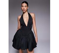 Aria Cove - Vestito skater corto in raso nero con scollo profondo allacciato al collo e dettaglio stile corsetto 48