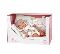 ARIAS - Bambola Reborn Vega da 40 cm con coperta bianca, bambino realistico con vestiti grigi, ciuccio e pannolino, punte in vinile e corpo morbido, giocattolo per bambini e ragazze dai +3 anni