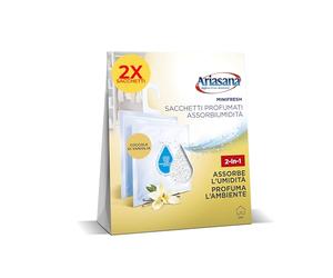 Ariasana Minifresh Coccole di Vaniglia Sacchetti profumati, Sacchetti assorbi umidità armadio e deodoranti 2 in 1, Profumatore armadio, cassetti e piccoli ambienti, sacchetti 2x50g