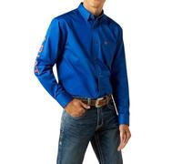 Ariat Camicia da Uomo in Twill con Logo della Squadra, Blu/Arancione., M