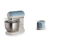 Ariete 1588 Impastatore Vintage Planetaria Per Pane, Pizza, Dolci E Pasticceria, Bianco Blu & 155 Tostapane di Design a 2 Fette con Pinze, 6 Livelli di Tostatura, 810 W, Azzurro Pastello