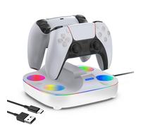 AriKroii Stazione di ricarica per controller PS5,Base di Ricarica per PS5 e DualSense Edge, Caricatore Joystick per PS5,Ricarica PS5 con effetto luce LED RGB,Docking a rapida,Accessori PS5