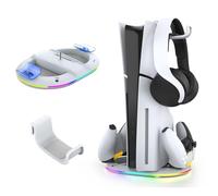 AriKroii Supporto Verticale per PS5 Slim/PS5 Pro con Doppio Caricatore Controller,Caricatore Joystick per PS5,Base ps5 slim con 14 Luci LED RGB,per PS5 Slim Disc/Digital Edition