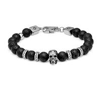 Arkai by Trendhim Bracciale di perle da uomo, con pietre naturali, teschio in acciaio inox e moschettone in ottone, gioielli da uomo in design danese, small, Gemma, Non pietra preziosa