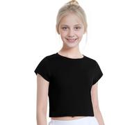ArkXani Top corto a maniche corte per bambine e ragazze, tinta unita, elegante e leggero, casual, per ginnastica, danza, gioco attivo, moda per tutti i giorni (età 5-12 anni), Nero , 9-10 Anni