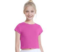 ArkXani Top corto a maniche corte per bambine e ragazze, tinta unita, elegante e leggero, casual, per ginnastica, danza, gioco attivo, moda per tutti i giorni (età 5-12 anni), rosa, 9-10 Anni