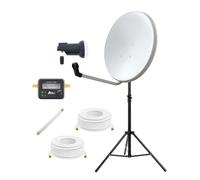 ARLI Impianto satellitare da 60 cm, bianco e grigio chiaro, con treppiede LNB singolo, cercasatellite, cavo da 3 m + 7 m, passacavo per finestra, parabola satellitare, campeggio, balcone, giardino