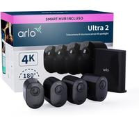 Arlo Ultra 2 Telecamera WiFi Esterno Senza Fili, Telecamera WiFi Interno, 4K UHD, Sirena Allarme Casa, Sensore Di Movimento, Audio Bidirezionale, Prova Arlo Secure Inclusa, 4 Telecamere, Nere