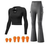 ARMAAN Set Moto Donna Con Protezioni CE Livello 2 - Top Corto Con Design Cut-out E Pantaloni Svasati Con Protezioni Rimovibili, Dettagli Riflettenti E Tasche Cargo Per Guida Urbana,Black-EU XL