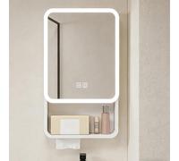 Armadietto a Specchio Bagno LED con Angoli Arrotondati, Mobile Pensile in Alluminio e Fibra di Carbonio, Salvaspazio Parete con Funzione Antiappannamento, Design Elegante.(White,50 x 11 x 65 cm)