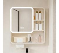 Armadietto a Specchio Bagno LED con Angoli Arrotondati, Mobile Pensile in Alluminio e Fibra di Carbonio, Salvaspazio Parete con Funzione Antiappannamento, Design Elegante.(Cream,70 x 11 x 65 cm)