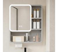 Armadietto a Specchio Bagno LED con Angoli Arrotondati, Mobile Pensile in Alluminio e Fibra di Carbonio, Salvaspazio Parete con Funzione Antiappannamento, Design Elegante.(Gray,60 x 11 x 65 cm)