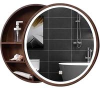 Armadietto a Specchio Bagno Tondo con Luce Specchio da Trucco per Camera da Letto in Legno da Parete con Contenitore Specchio da Trucco Rotondo con Luce