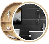 Armadietto a Specchio Bagno Tondo con Luce Specchio da Trucco per Camera da Letto in Legno da Parete con Contenitore Specchio da Trucco Rotondo con Luce