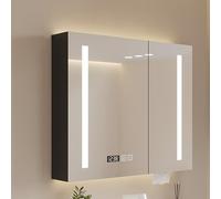 Armadietto a specchio da bagno, in legno massello con interruttore touch anti-appannamento, riflesso HD, luce a tre colori, visualizzazione della temperatura e dell'ora, contenitore con porta