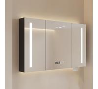 Armadietto a specchio da bagno, in legno massello con interruttore touch anti-appannamento, riflesso HD, luce a tre colori, visualizzazione della temperatura e dell'ora, contenitore con porta