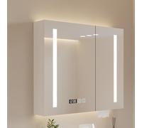 Armadietto a specchio da bagno, in legno massello con interruttore touch anti-appannamento, riflesso HD, luce a tre colori, visualizzazione della temperatura e dell'ora, contenitore con porta