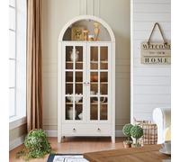 Armadietto ad arco con ante in vetro, vetrina in legno con cassetto e ripiani regolabili, 180,3 cm, libreria moderna in porcellana per soggiorno, ufficio (bianco antico)
