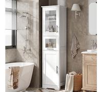 Armadietto alto da bagno indipendente, con ante in vetro e ripiani regolabili, a 5 piani, a 2 ante per bagno, bianco (40 x 31 x 170 cm)