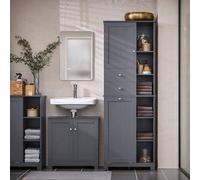 Armadietto alto da bagno, mobiletto da bagno con cestino biancheria, colore grigio scuro, dimensioni 60 x 37 x 170 cm, BZR104, accessori da bagno estivi, organizzatore da bagno, decorazione da bagno M
