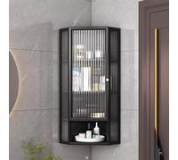 Armadietto angolare da parete con ante in vetro, armadietto portaoggetti a 3 livelli in acciaio al carbonio per bagno e soggiorno, design salvaspazio soluzione elegante e durevole